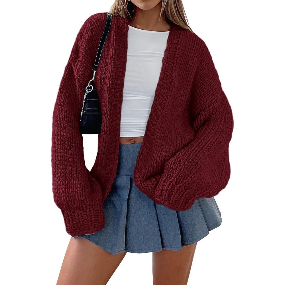 Womens Trendy Cardigan Sweaters Wine Red Long Sleeve Chunky Knit Outfits